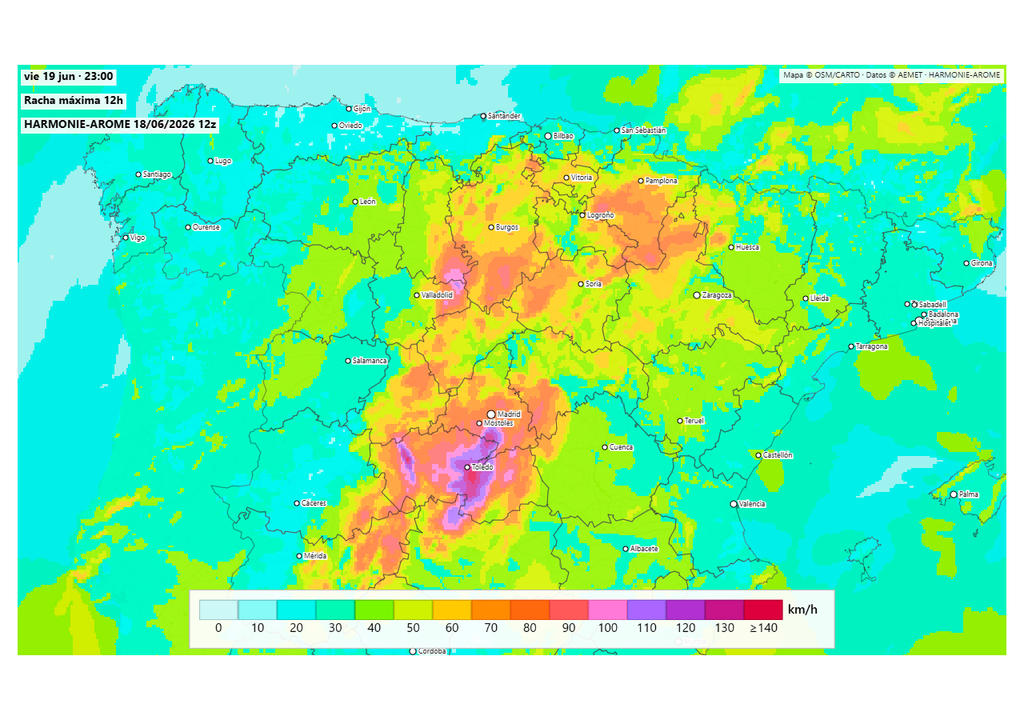 Tanto el modelo Harmonie como el AROME advierten de vendavales y reventones durante la segunda mitad del día en el interior. Fuente: Harmoniearome.es