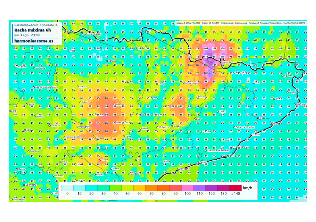 El modelo Harmonie prevé vientos de más de 80-90 km/h para esta tarde al paso de las tormentas en el noreste. Hay posibilidad de reventones. Fuente: Harmoniearome.es