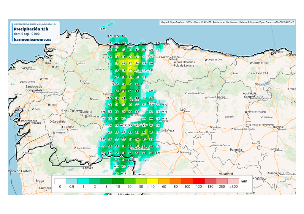 El modelo Harmonie muestra acumulados significativos entre León, Asturias e interior de Galicia. Fuente: Harmoniearome.es