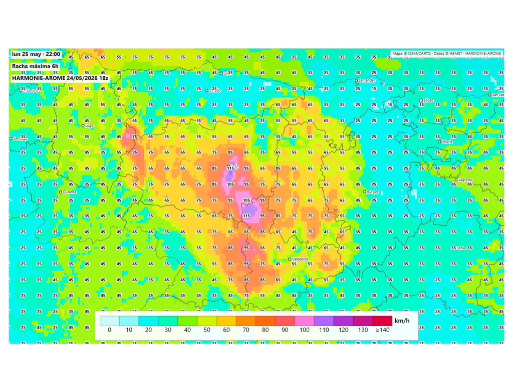 El modelo HARMONIE anticipa rachas de viento muy intensas y probables reventones esta tarde en el noroeste. Fuente: harmoniearome.es y AEMET.