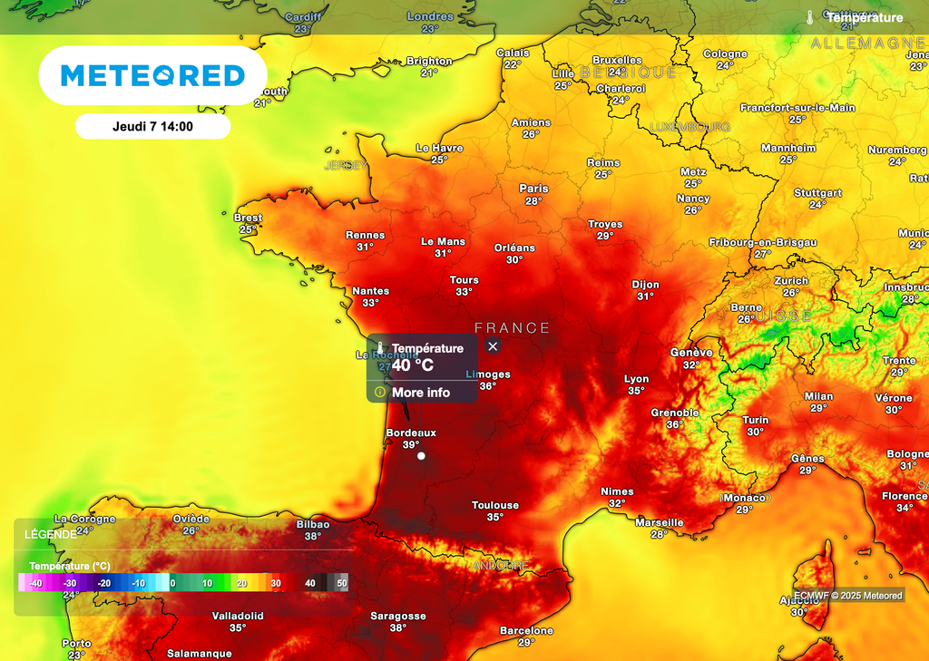 40°C dans le sud-ouest de la France jeudi après-midi.