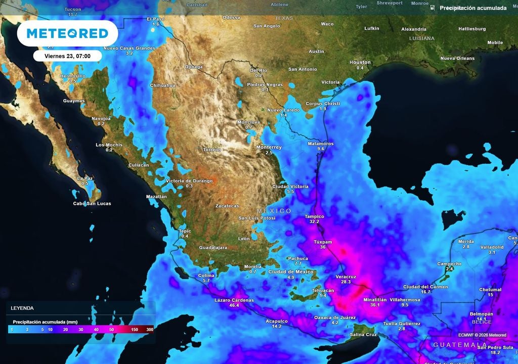 Pronóstico de lluvias acumuladas en milímetros Eventos moderados de 10-30 mm y localmente fuertes superando 50 mm en la Vertiente del Golfo, sureste, sur y noroeste hoy jueves.