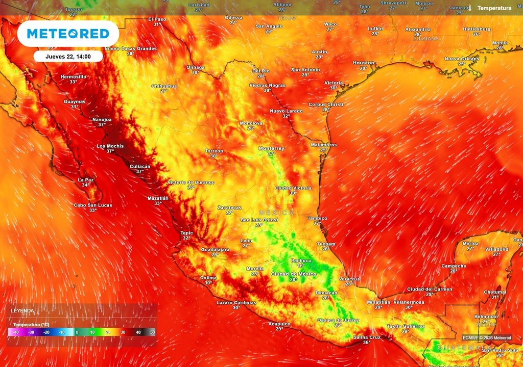 Pronóstico de temperaturas en grados Celsius Ambiente templado dominará el norte, centro y oriente, pero el intenso calor se mantendrá en el noroeste y parte del sureste con 35 °C o más.