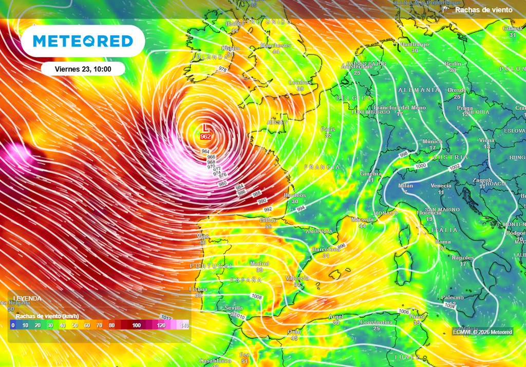 La borrasca también será muy profunda en superficie, dando lugar a un importante temporal de viento en el sur de las islas británicas y en la Bretaña francesa.