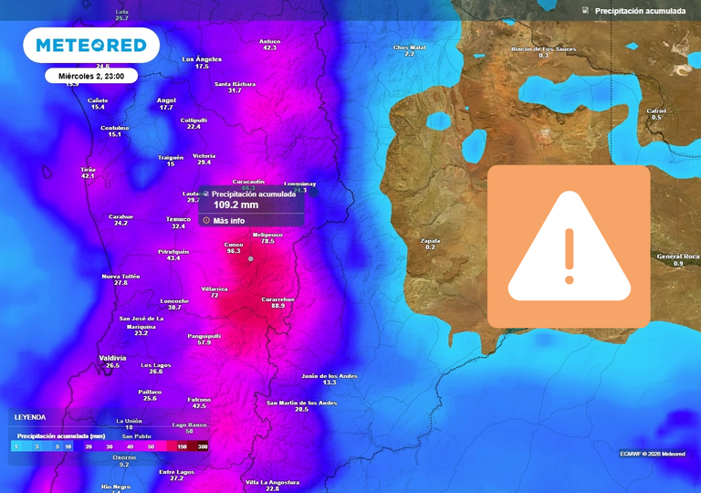 Entre lunes y mi&eacute;rcoles 02 acumular&aacute;n unos 100 mm: sistema frontal trae lluvias y rachas de 60 km/h a Chile centro-sur