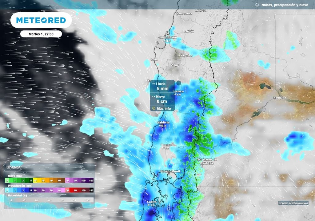 Se aproximan 100 mm de lluvia a Chile centro-sur Precipitación (mm) para la noche del martes (01) en Chile centro-sur.