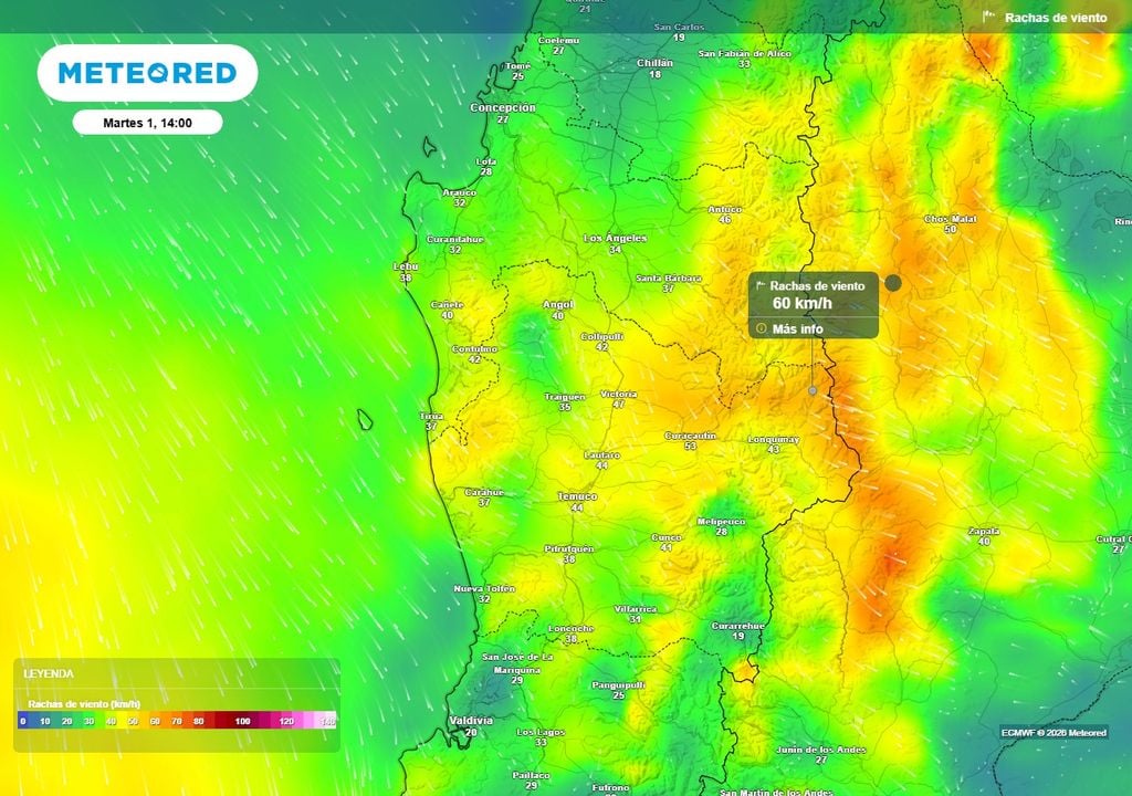 Se acercan 100 mm de lluvia a Chile centro-sur Rachas de viento (km/h) para la tarde del martes (01) en las regiones de Biobío y La Araucanía.