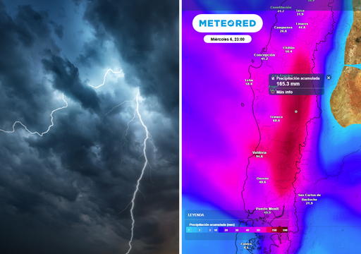 Regiones de Chile centro-sur que recibir&aacute;n tormentas el&eacute;ctricas, rachas de 60 km/h y 100 mm de lluvia hasta el mi&eacute;rcoles
