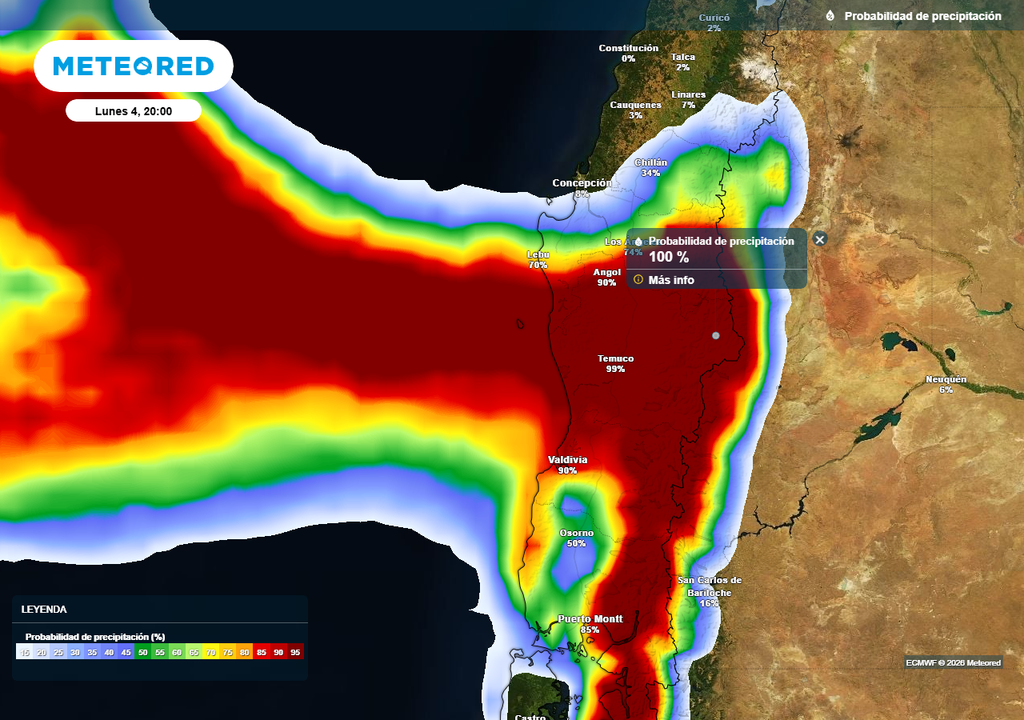 Probabilidad de precipitación (%) para la noche del lunes (04) en Chile centro-sur.