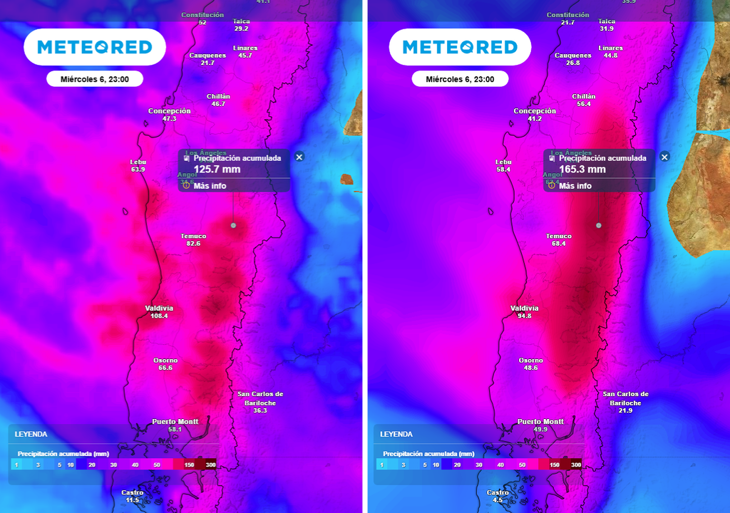 Precipitación acumulada (mm) hasta la noche del miércoles (06) en Chile centro-sur. Predicción del ECMWF (imagen izquierda) y GFS (imagen derecha).