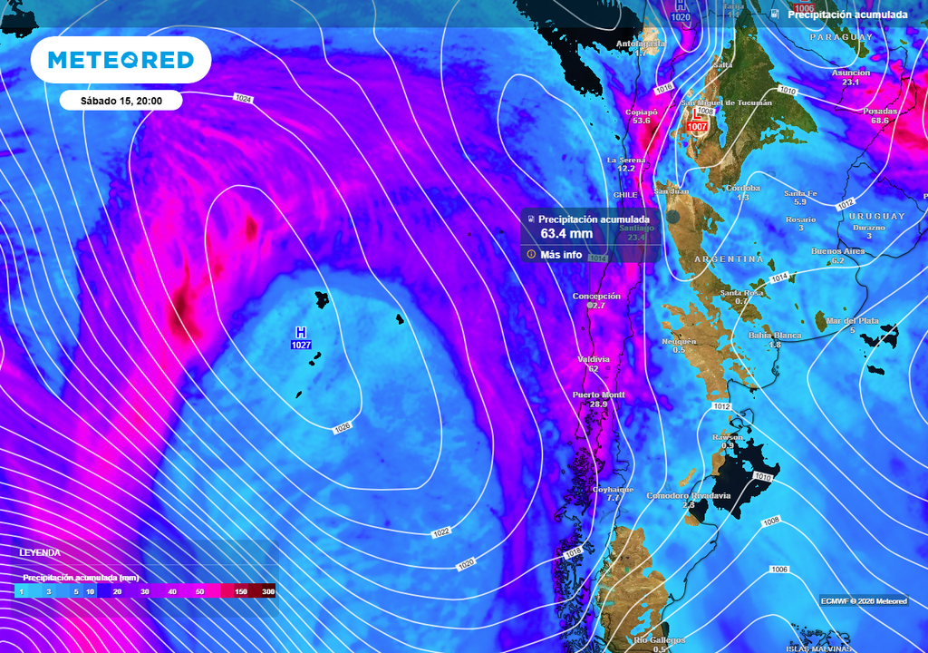 Río atmosférico se aproxima a Chile centro-sur Lluvias en Chile centro-sur serán intensas la segunda mitad de la semana