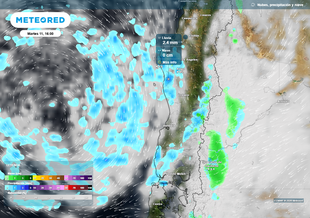 Baja segregada dejará chubascos en el centro-sur de Chile Precipitación (mm) para la tarde del martes (11) en el centro-sur de Chile.