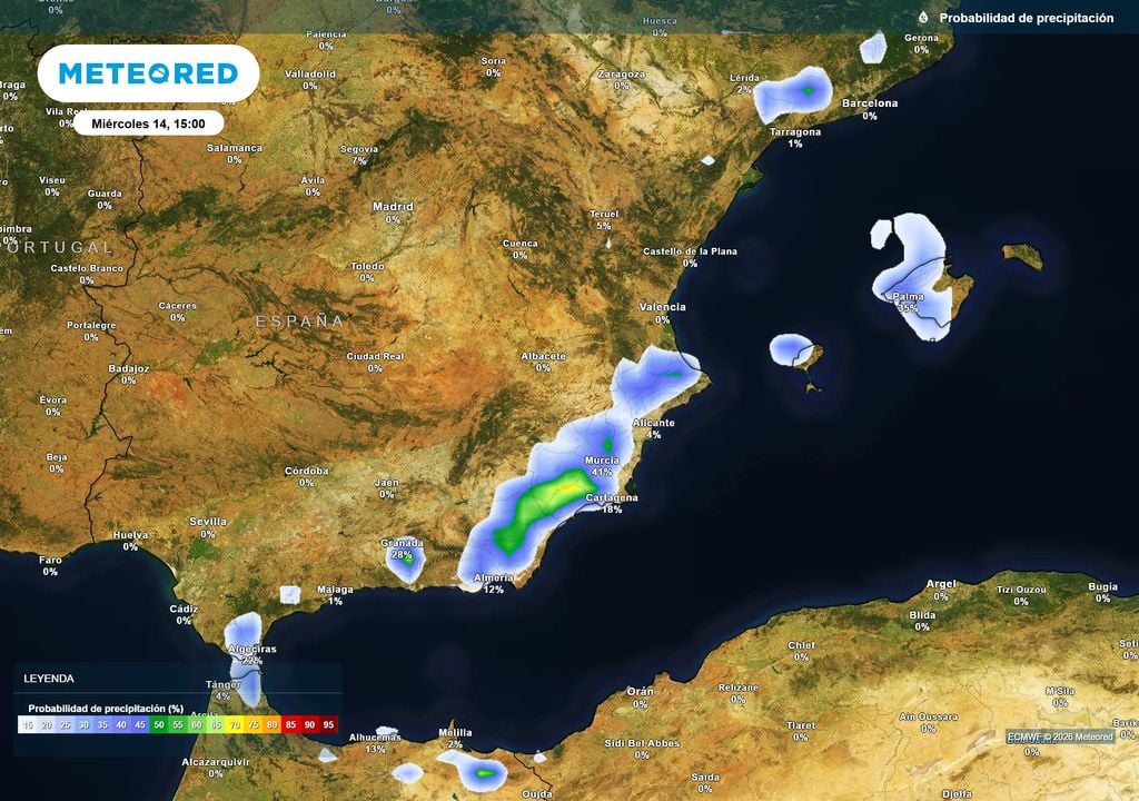 Las precipitaciones se concentrarán en el sureste peninsular y Baleares en la jornada del miércoles.