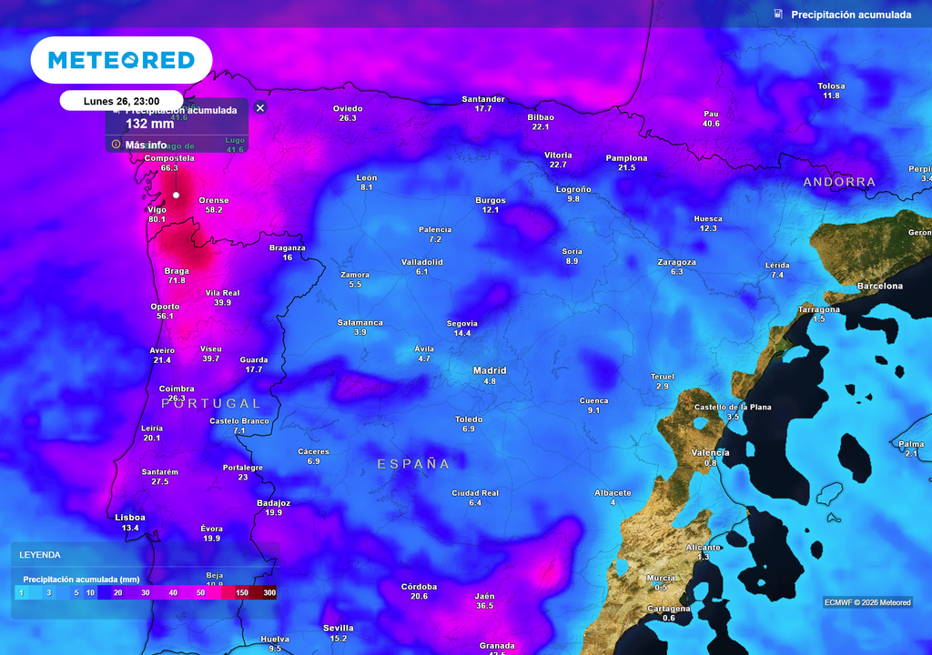 Al final de la jornada habrá acumulados muy llamativos en puntos de noroeste peninsular.