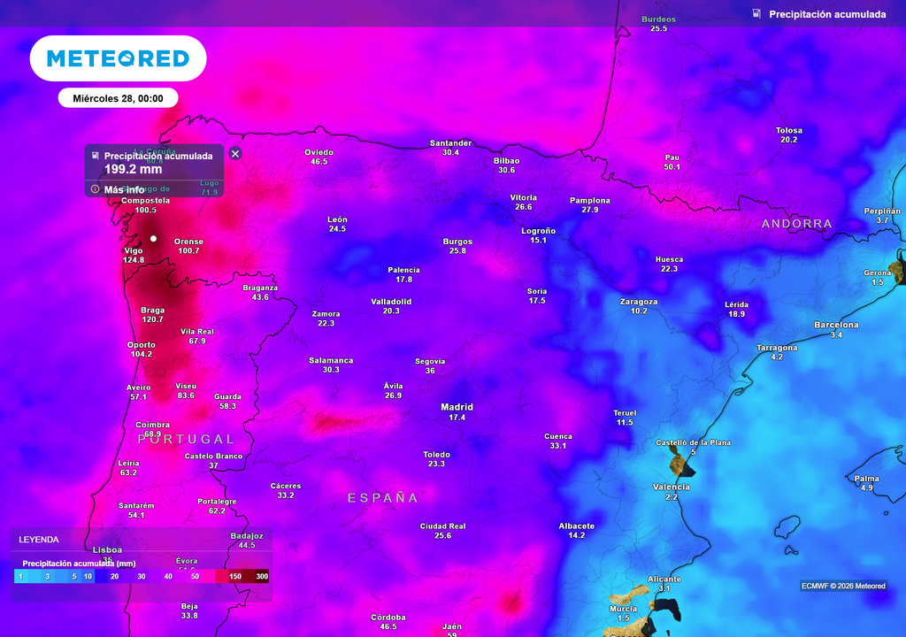 El martes se registrarán casi 200 l/m2 en puntos del oeste de Galicia.