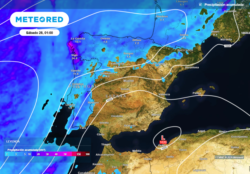 Hasta el viernes las lluvias se concentrarán en el norte y oeste de la Península, además de las que se registrarán en Canarias.