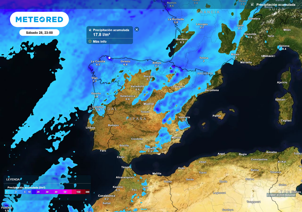 Acumulados de precipitación previstos hasta el sábado en España, según el modelo europeo.