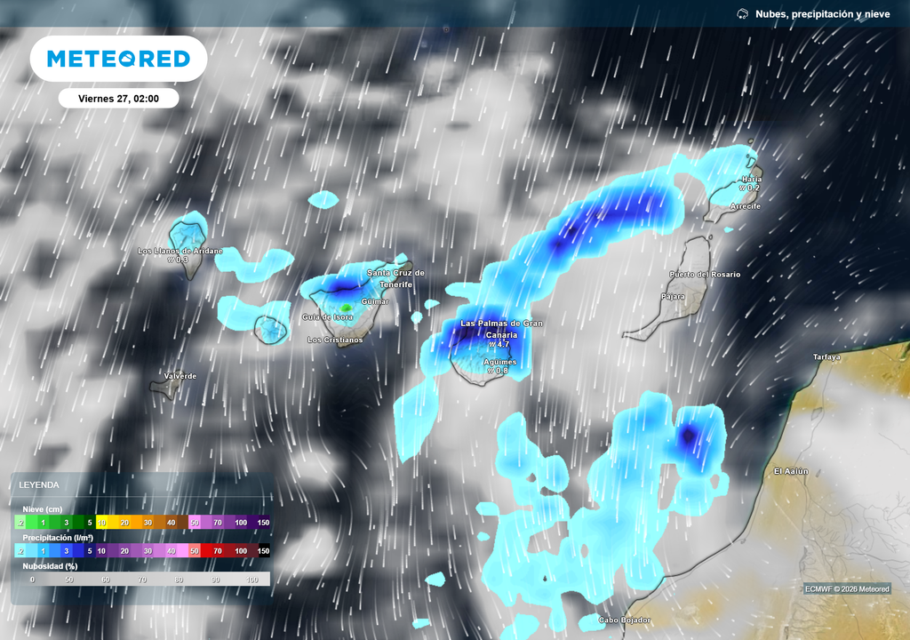 El punto álgido de las precipitaciones se espera durante la madrugada de mañana en el archipiélago canario.