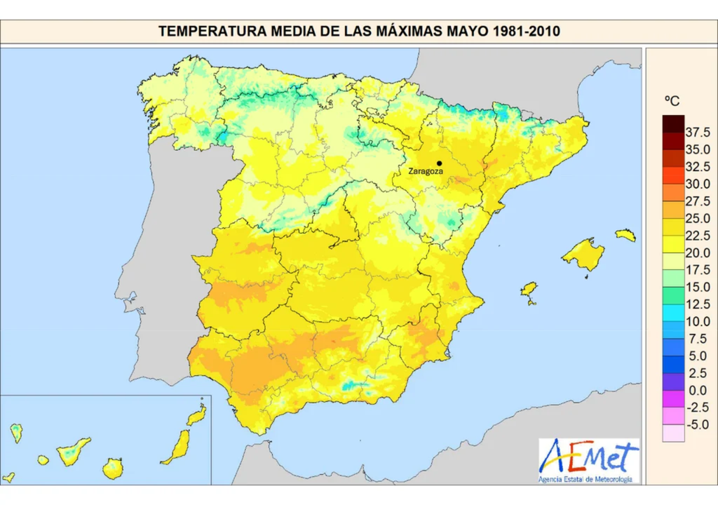 Mapa de la temperatura media de las máximas de mayo en España para el período 1981 - 2010. Ubicación aproximada de Zaragoza. Fuente: AEMET.