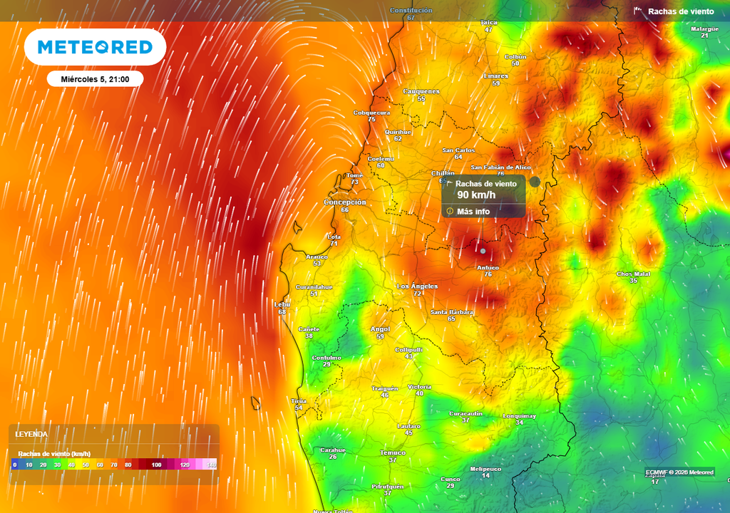 Rachas de viento (km/h) para la noche del miércoles (05) en las regiones de Ñuble y Biobío.