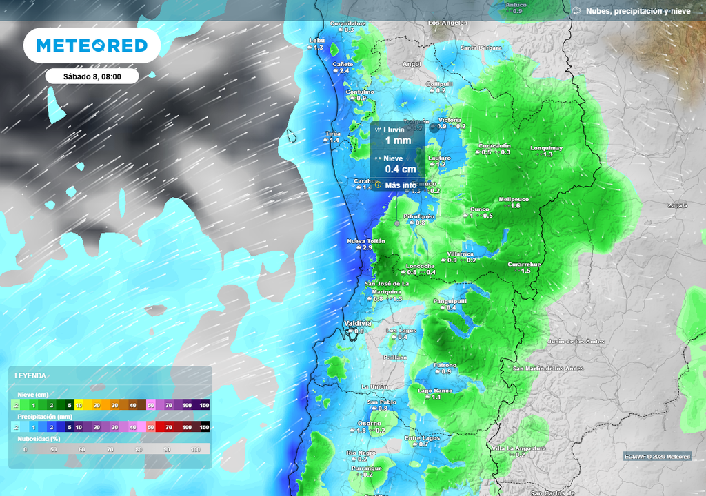 Nieve (cm) para la mañana del sábado (08) en las regiones de La Araucanía y Los Ríos.