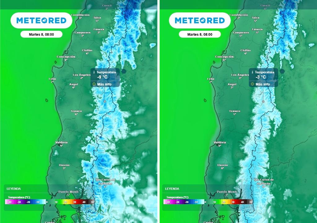 Temperatura mínima (°C) para el martes (08) en Chile centro-sur. Pronóstico del ECMWF (imagen izquierda) y del GFS (imagen derecha).