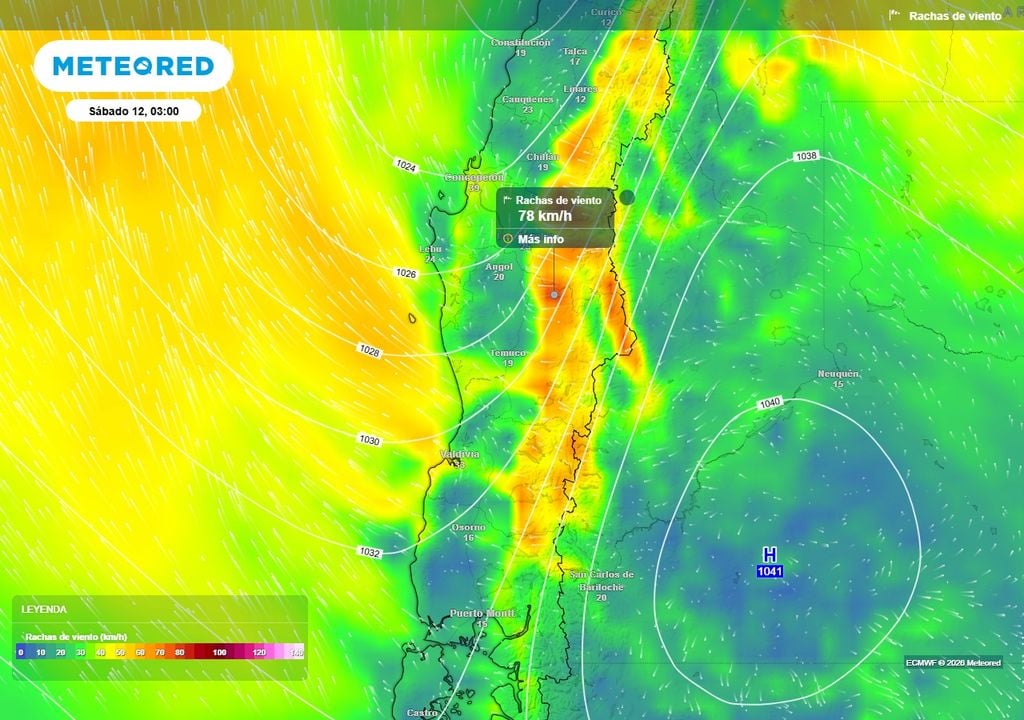 Rachas de viento (km/h) para la madrugada del sábado (12) en Chile centro-sur.