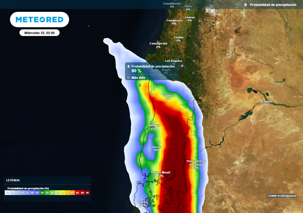 Probabilidad de precipitación (%) para la madrugada del miércoles 22 de abril 2026 en Chile centro-sur.