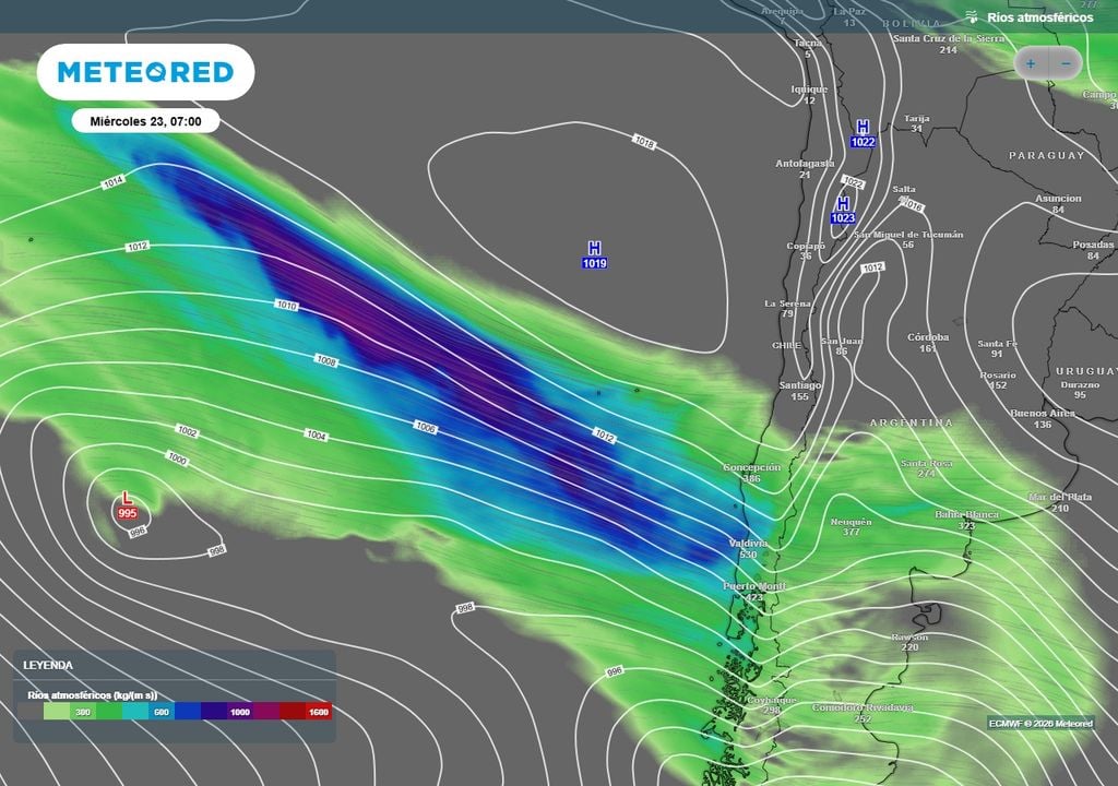 Meteored pronostica que río atmosférico extremo impactará en Chile centro-sur Río atmosférico que impactará en Chile centro-sur a contar del miércoles (23).
