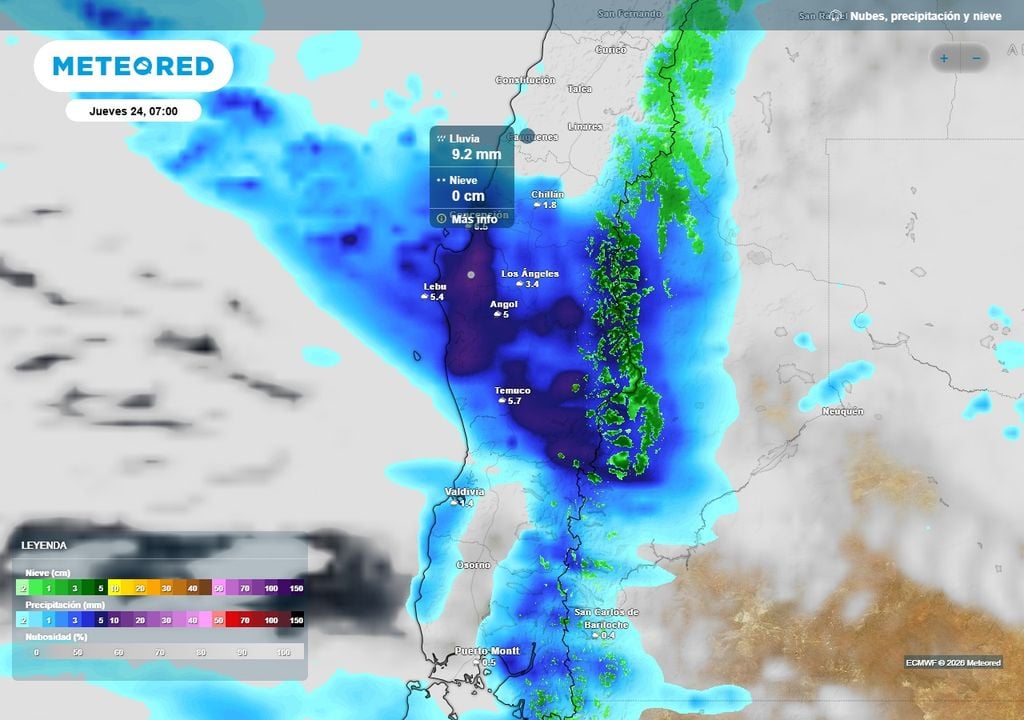 Meteored pronostica que río atmosférico extremo impactará en Chile centro-sur Precipitación (mm) para la mañana del jueves (24) en el centro-sur d Chile.