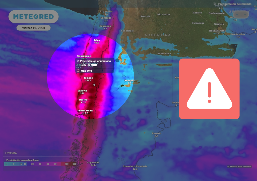 Meteored pronostica un río atmosférico categoría 4 para Chile centro-sur Las lluvias serán intensas en el centro-sur de Chile durante la segunda mitad de la semana.