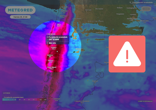 Meteored pronostica que caer&aacute;n m&aacute;s de 200 mm: r&iacute;o atmosf&eacute;rico extremo trae abundantes lluvias a Chile centro-sur