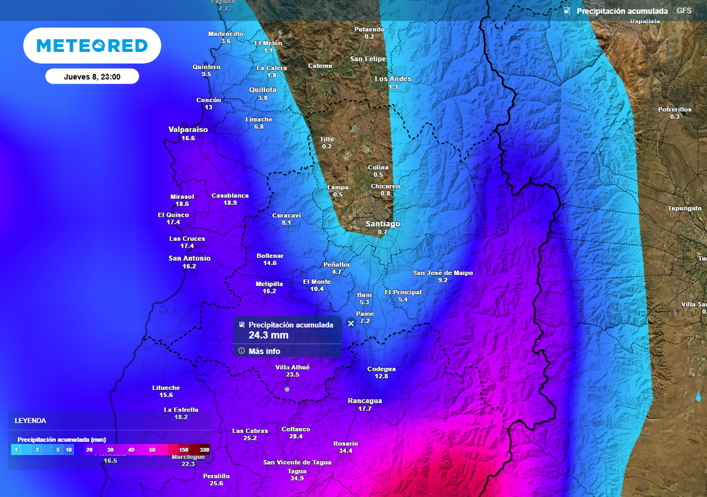 Precipitación acumulada, Santiago de Chile, Meteored