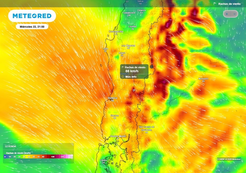 Rachas de viento (km/h) para la noche del miércoles (23) en Chile centro-sur.