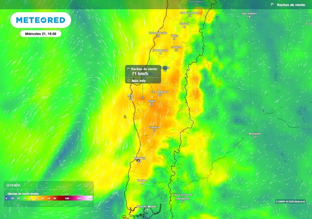 Meteored pronostica que Chile centro-sur recibirá abundantes lluvias Rachas de viento (km/h) para la tarde del miércoles (21) en Chile centro-sur.