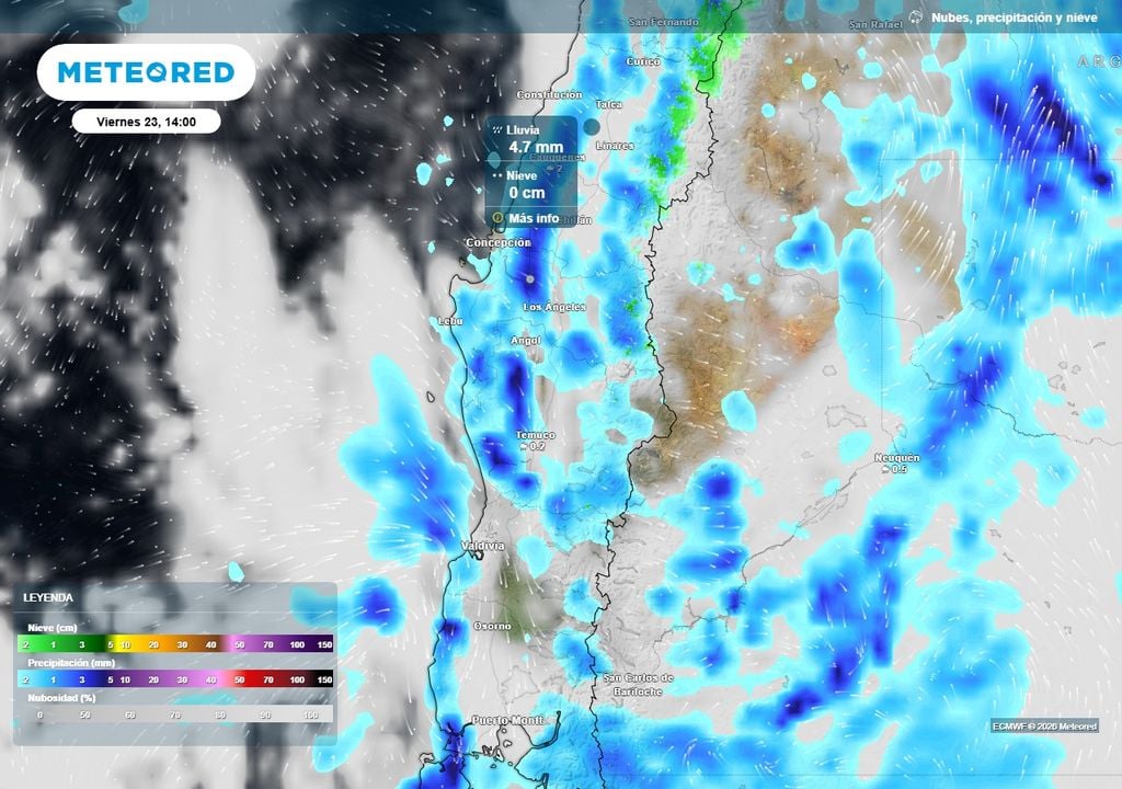 Meteored pronostica que Chile centro-sur recibirá abundantes lluvias Precipitación (mm) para la tarde del viernes (22) en Chile centro-sur.
