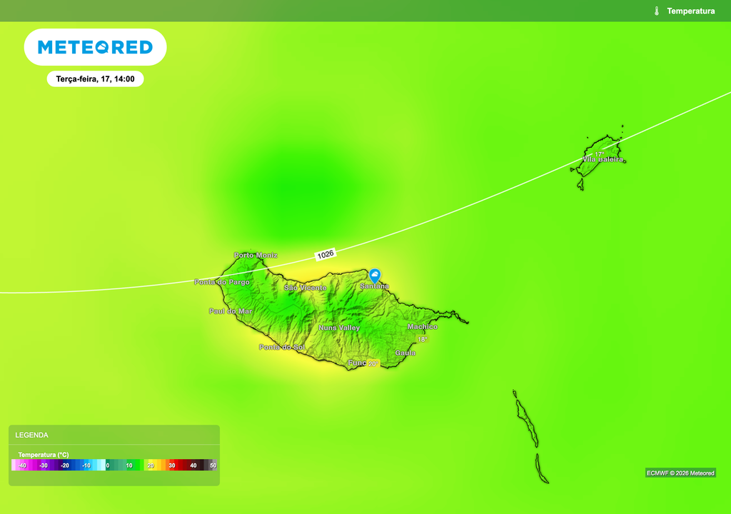 Temperaturas amenas na Madeira durante a tarde de terça-feira, com valores entre 17 °C e 20 °C nas zonas costeiras. A circulação de oeste mantém o ambiente estável, sem variações térmicas significativas.