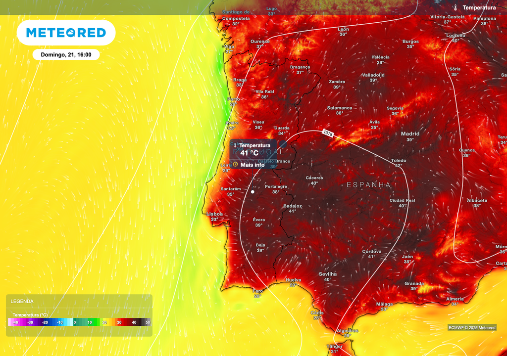 O modelo europeu ECMWF prevê uma subida muito acentuada das temperaturas durante a tarde de domingo, com máximas superiores a 40 ºC em várias regiões do interior de Portugal continental. O litoral ocidental deverá manter valores significativamente mais baixos devido à influência do Atlântico.