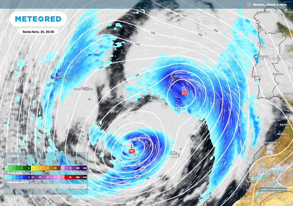 Efeito Fujiwhara previsto para a madrugada de sexta-feira (20) a oes-sudoeste de Portugal continental.