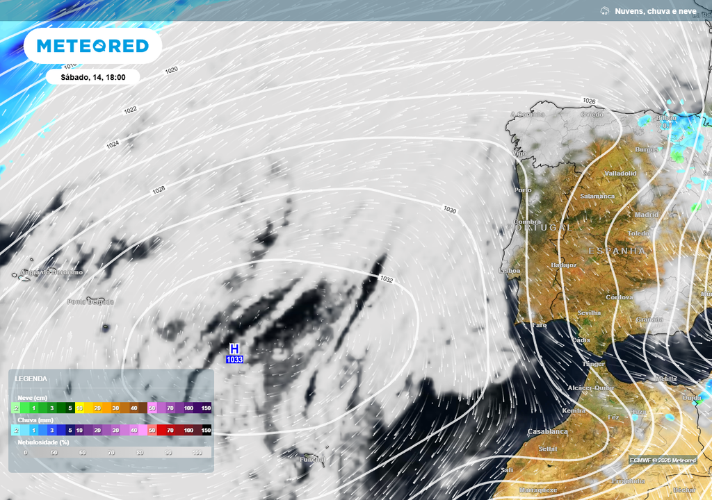 Sábado, 14 de fevereiro, um dia de tempo seco, com céu geralmente pouco nublado, algo que será proporcionado pela subida em latitude do anticiclone dos Açores.