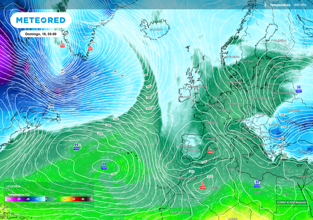 Mapa de temperatura a 850 hPa (cerca de 1500 m de altitude) para domingo, evidenciando uma nova entrada de ar polar sobre a Península Ibérica. É possível visualizar uma massa de ar frio capaz de provocar uma descida acentuada das temperaturas à superfície.