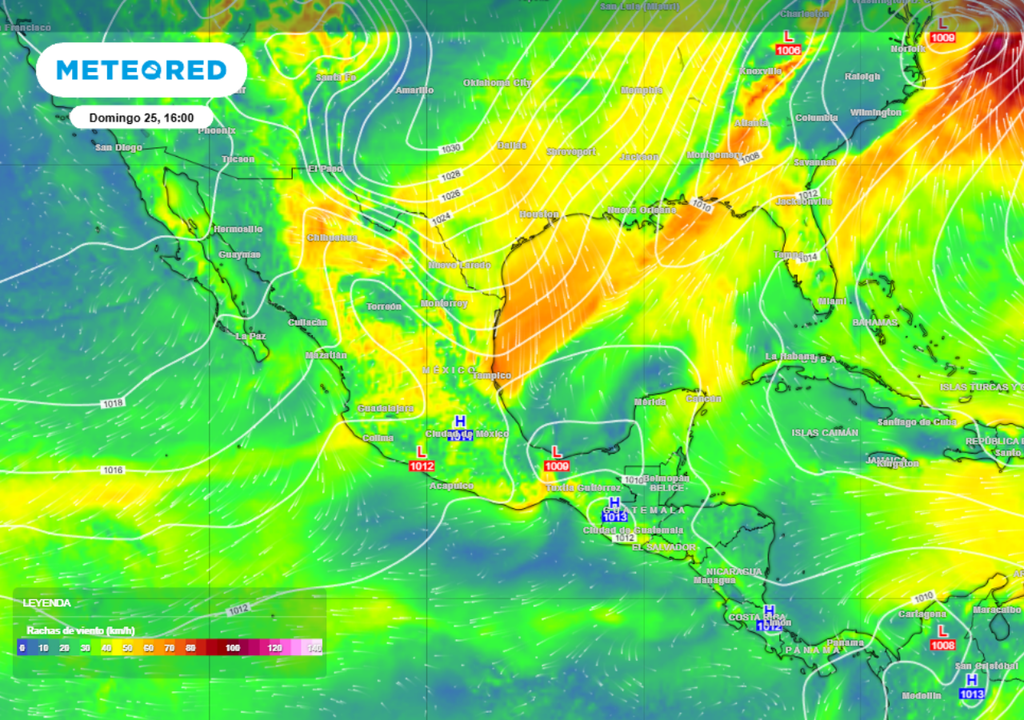 Norte Evento de "norte" con vientos de hasta 80 km/h en el Golfo de México.