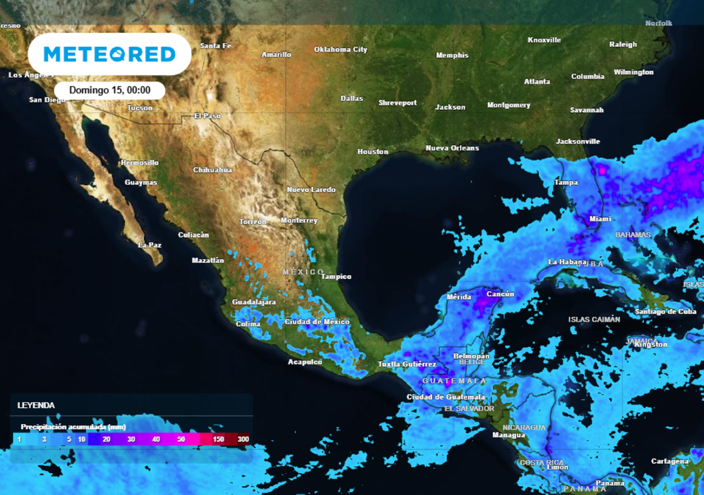 Pronóstico de lluvia acumulada para los próximos días en México, resalta el sureste con un mayor registro de precipitación.