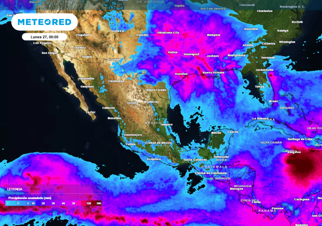 Lluvia acumulada pronosticada para este fin de semana en México.