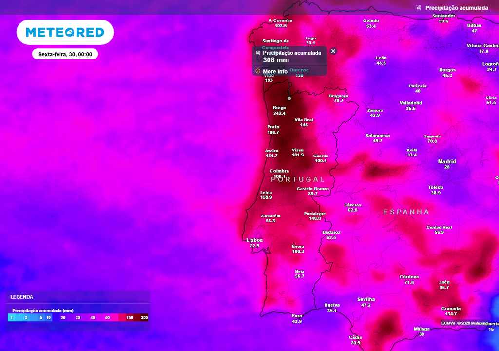 As sucessivas frentes atlânticas serão constantemente reforçadas por rios carregados de humidade. Nalgumas zonas a chuva acumulada poderá mesmo ultrapassar os 300 mm.