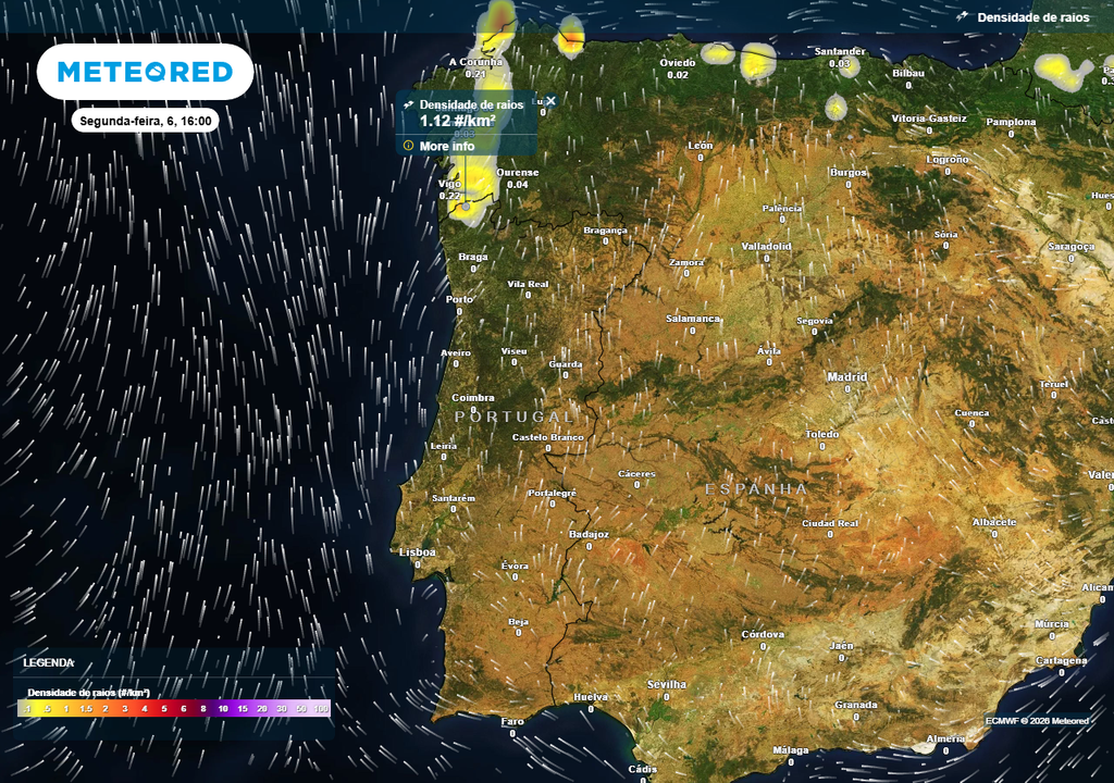 Risco de ocorrência de trovoadas na tarde de segunda-feira (6) no Alto Minho, segundo o modelo Europeu.