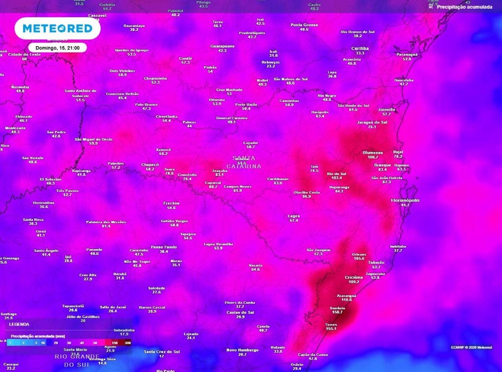 Previsão de precipitação acumulada (em mm) até a noite (21h) do domingo (15), segundo o modelo europeu ECMWF.