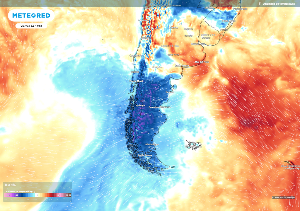 Aire frío domina el sur de Chile: anomalías negativas marcan temperaturas bajo lo normal hacia el fin de semana.