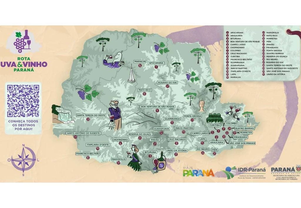 Mapa temático da nova 'Rota da Uva & Vinho' no Paraná, com os 31 municípios participantes. Crédito: Divulgação.