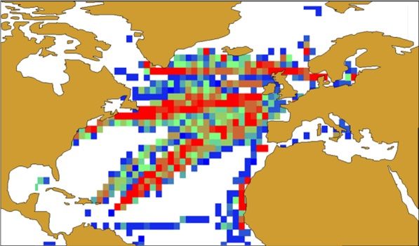 Densidad relativa anual de radiosondeos efectuados en el Atlántico y Mediterráneo desde barcos en el programa ASAP Densidad relativa anual de radiosondeos efectuados en el Atlántico y Mediterráneo desde barcos en el programa ASAP
